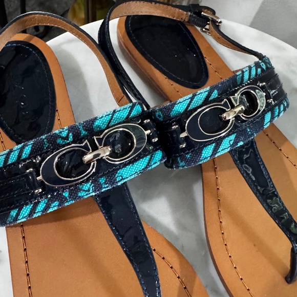 Coach Sammy Flat Sling Back Thong Sandals Size 8 in Navy Blue & Turquoise - Picture 5 of 8